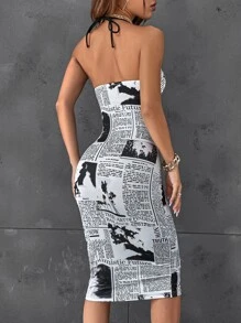 SHEIN ICON Newspaper Print Backless Bodycon Dress - Black and White - View 2
