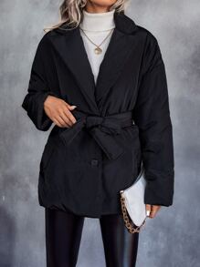 SHEIN LUNE Women's Winter Clothes Solid Color Lapel Neck Single Breasted Casual Padded Padded Coat - Black - View 5