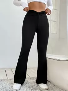 SHEIN PETITE Overlap Waist Flare Leg Pants