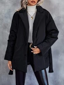 SHEIN LUNE Women's Winter Clothes Solid Color Lapel Neck Single Breasted Casual Padded Padded Coat - Black - View 6