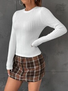 SHEIN Essnce Ribbed Knit Tee & Plaid Button Front Skirt - White - View 5