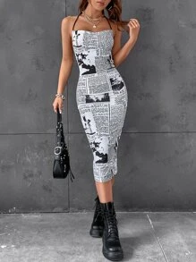 SHEIN ICON Newspaper Print Backless Bodycon Dress - Black and White - View 5