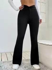 SHEIN PETITE Overlap Waist Flare Leg Pants