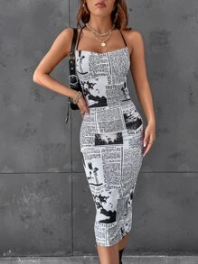 SHEIN ICON Newspaper Print Backless Bodycon Dress - Black and White - View 7