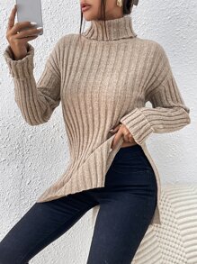 SHEIN Frenchy Turtleneck Drop Shoulder Split Hem Jumper - Camel - View 1