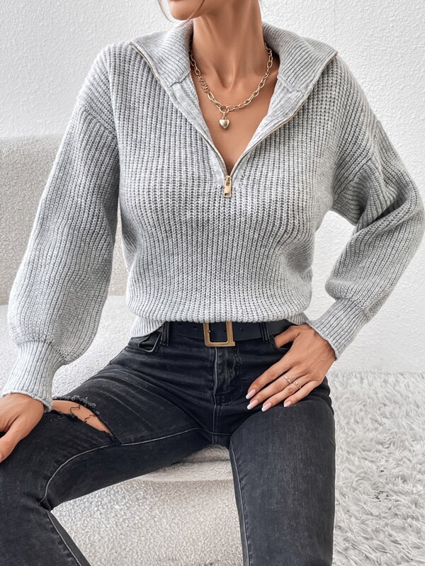 SHEIN x Carly Lawrence SHEIN Frenchy Quarter Zip Drop Shoulder Jacquard Grain Sweater,Long Sleeve Tops,Knitted Sweater In Fall/Winter Casual