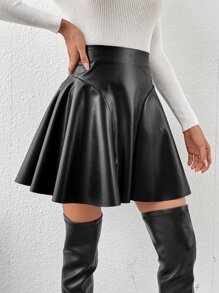 SHEIN Frenchy 純色拉鍊後擴腳pu皮a字裙 - 黑色 - 查看 3