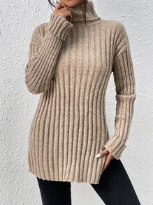 SHEIN Frenchy Turtleneck Drop Shoulder Split Hem Jumper - Camel - View 3