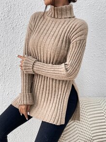 SHEIN Frenchy Turtleneck Drop Shoulder Split Hem Jumper - Camel - View 4