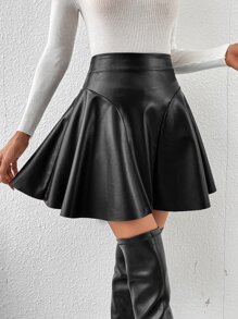 SHEIN Frenchy 純色拉鍊後擴腳pu皮a字裙 - 黑色 - 查看 5