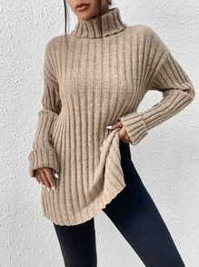 SHEIN Frenchy Turtleneck Drop Shoulder Split Hem Jumper - Camel - View 5