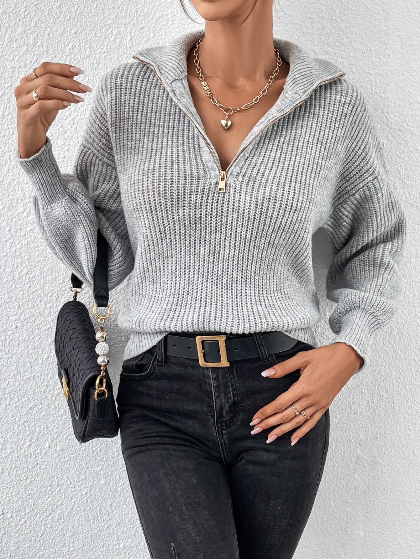 SHEIN Frenchy Quarter Zip Drop Shoulder Sweater SHEIN USA