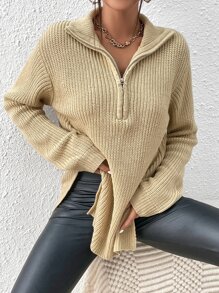 SHEIN Frenchy Jersey con cremallera media bajo con abertura de hombros caídos - Caqui - Ver 4