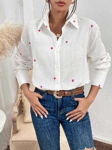 EMERY ROSE 心形刺绣落肩衬衫，长袖上衣 - 白色 - 查看 3