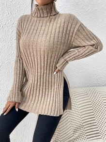 SHEIN Frenchy Turtleneck Drop Shoulder Split Hem Jumper - Camel - View 6
