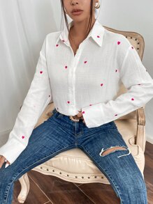 EMERY ROSE 心形刺绣落肩衬衫，长袖上衣 - 白色 - 查看 5