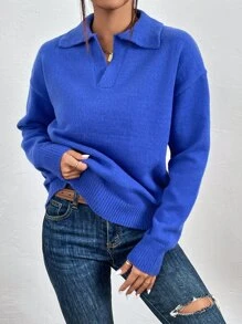 SHEIN Frenchy Jersey unicolor de hombros caídos - azul real - Ver 6