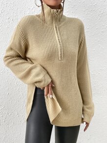 SHEIN Frenchy Jersey con cremallera media bajo con abertura de hombros caídos - Caqui - Ver 6