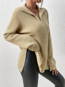 SHEIN Frenchy Jersey con cremallera media bajo con abertura de hombros caídos - Caqui - Ver 7