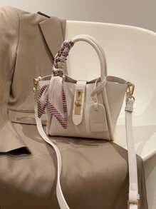 Mini Skinny Scarf Decor Twist Lock Shoulder Bag With Inner Pouch - Beige - View 1