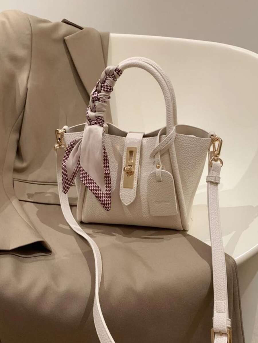 Mini Skinny Scarf Decor Twist Lock Shoulder Bag With Inner Pouch - Beige - View 1