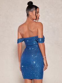 SHEIN BAE Vestido ajustado de hombros descubiertos con lentejuelas - Azul - Ver 4
