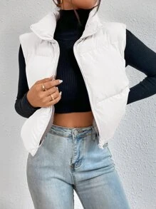 SHEIN EZwear Áo khoác vest thường ngày có khóa kéo phía trước màu trơn dành cho nữ, mùa đông - trắng - Xem 3