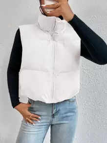 SHEIN EZwear Áo khoác vest thường ngày có khóa kéo phía trước màu trơn dành cho nữ, mùa đông - trắng - Xem 4