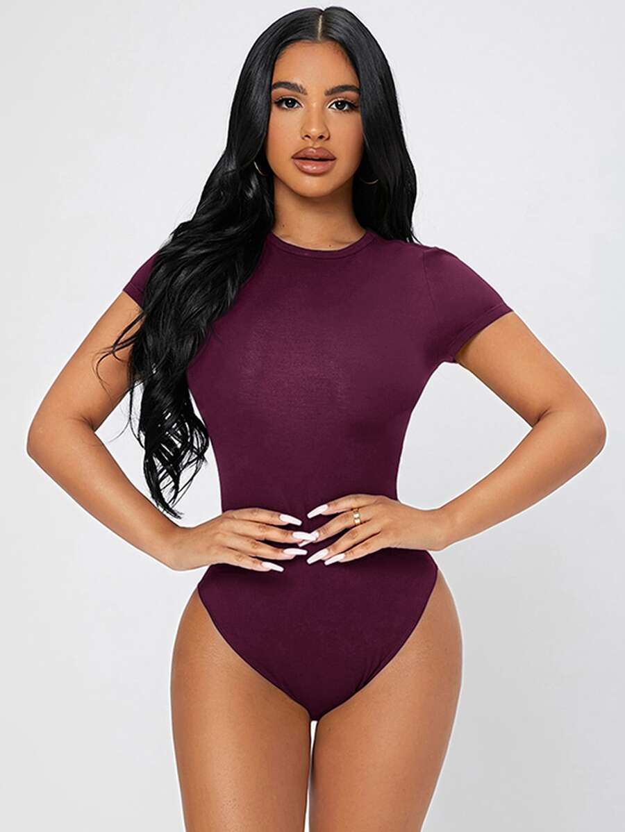 SHEIN PETITE Solid Slim Fit Bodysuit - Purple - View 1