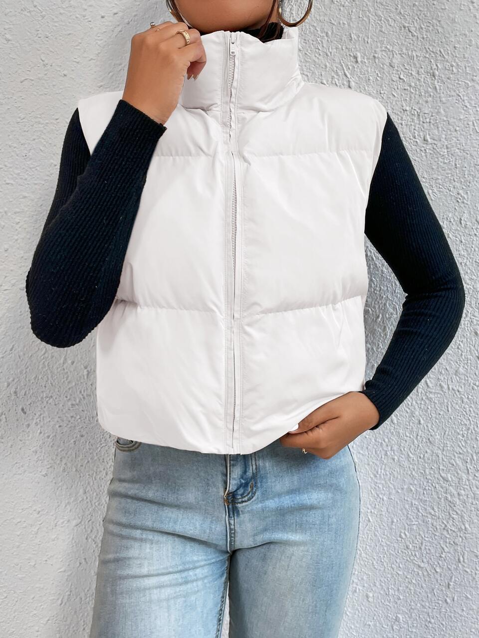 Women's Solid Color Zip Front Casual Vest Jacket, Winter