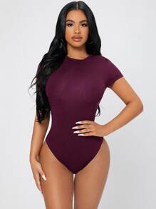 SHEIN PETITE Solid Slim Fit Bodysuit - Purple - View 6
