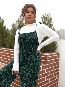 SHEIN EZwear 大碼肩部打結波卡圓點吊帶連體褲不帶T恤 - 墨綠色 - 查看 4