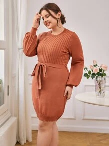 SHEIN Clasi Plus Cable Knit Belted Jumper Dress - Burnt Orange - View 4