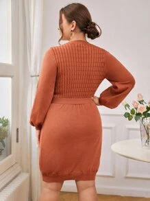SHEIN Clasi Plus Cable Knit Belted Jumper Dress - Burnt Orange - View 2