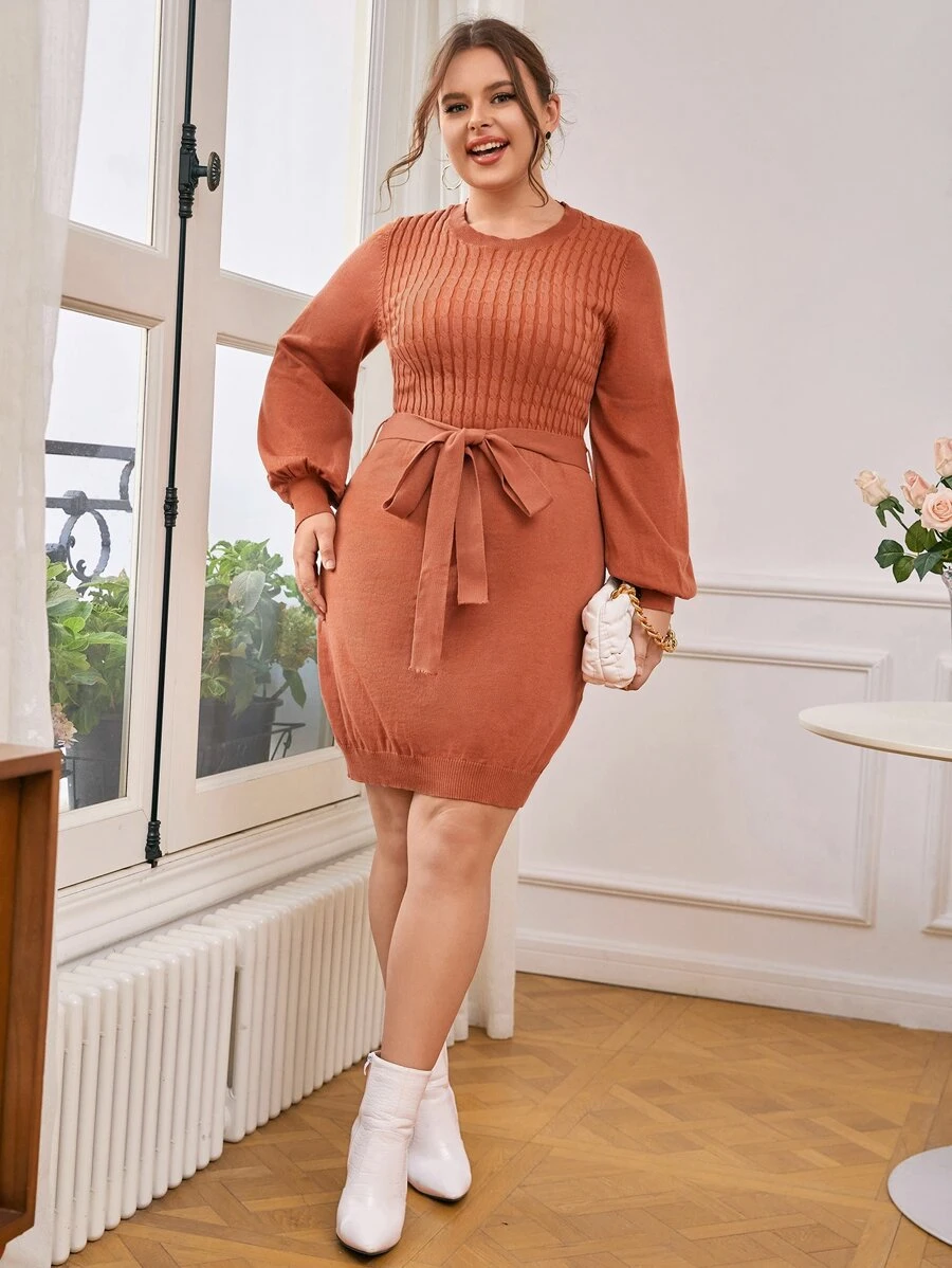 SHEIN Clasi Plus Cable Knit Belted Jumper Dress - Burnt Orange - View 1