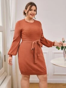 SHEIN Clasi Plus Cable Knit Belted Jumper Dress - Burnt Orange - View 3