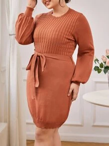 SHEIN Clasi Plus Cable Knit Belted Jumper Dress - Burnt Orange - View 5