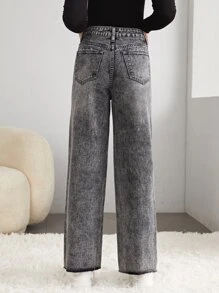 SHEIN 青少年女孩斜口袋闊腿牛仔褲