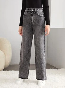 SHEIN 青少年女孩斜口袋闊腿牛仔褲