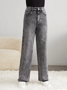 SHEIN 青少年女孩斜口袋闊腿牛仔褲