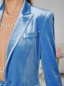 Bộ âu phục nữ Nút Dây kéo màu trơn Thanh lịch - Màu xanh lam - Xem 6