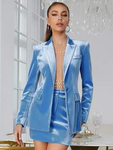 Bộ âu phục nữ Nút Dây kéo màu trơn Thanh lịch - Màu xanh lam - Xem 3