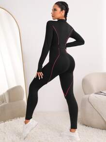 Yoga Futuristic Zipper Front Contrast Stitch Sports Jumpsuit - Black - View 2