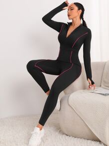 Yoga Futuristic Zipper Front Contrast Stitch Sports Jumpsuit - Black - View 4