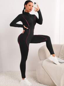 Yoga Futuristic Zipper Front Contrast Stitch Sports Jumpsuit - Black - View 5