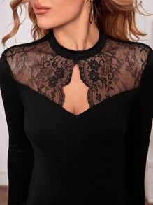 SHEIN Maternity Keyhole Neck Lace Yoke Tee - Black - View 3