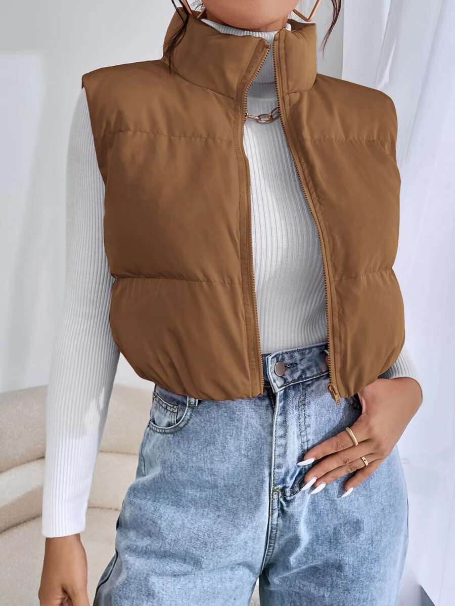 SHEIN EZwear Zip Up Puffer Vest Coat - Brown - View 1