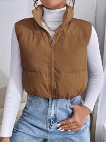SHEIN EZwear Zip Up Puffer Vest Coat - Brown - View 3