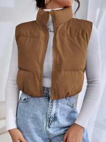 SHEIN EZwear Zip Up Puffer Vest Coat - Brown - View 4