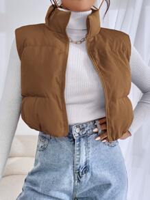 SHEIN EZwear Zip Up Puffer Vest Coat - Brown - View 5